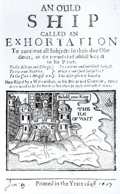 Et gammelt skib kaldet en formaning, Charles I fængslet på Carisbrooke Castle på Isle of Wight, ca. 1647 af English School