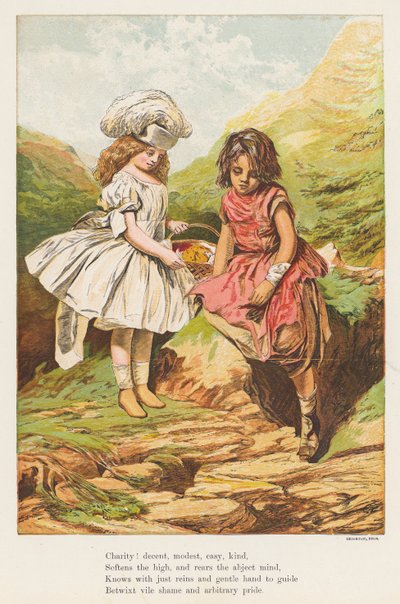 En velgørenhedshandling (farvelitografi) af English School