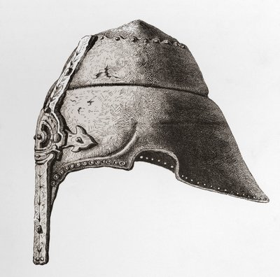 En næsehjelm fra det tidlige tolvte århundrede, fra The British Army: Its Origins, Progress and Equipment, udgivet 1868. af English School