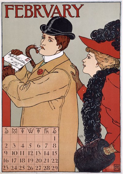 Et elegant par (mand sender et brev), engelsk kalenderbillede, februar måned, n.d. slutningen af det 19. århundrede. af English School