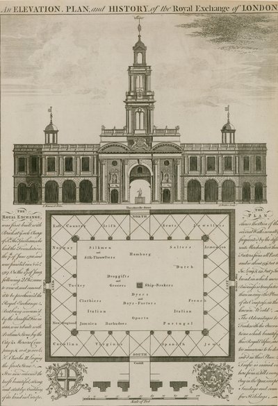 En højde, plan og historie af Royal Exchange, London af English School