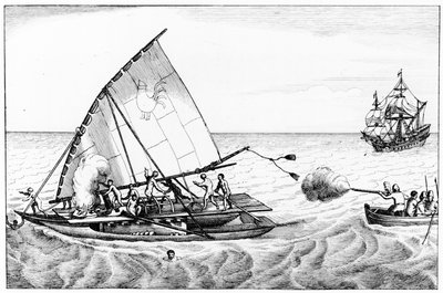 En hændelse under Le Maires (ca. 1585-1616) og Schoutens (ca. 1567-1625) jordomsejling i 1615-16, fra bind II af Chronological History of the Voyages and Discoveries in the South Sea af English School