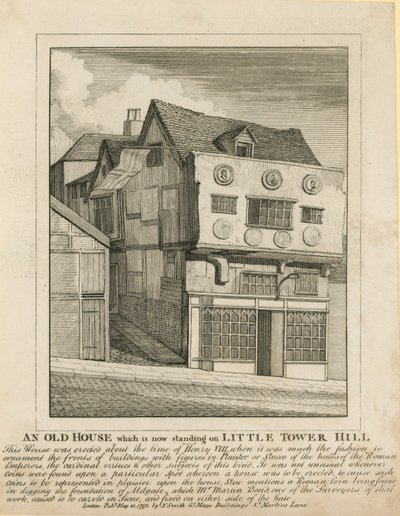 Et gammelt hus, som nu står på Little Tower Hill, London af English School