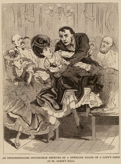 En usofistikeret landsmand narres af et juvelbesat firben på en dames kjole i St James
