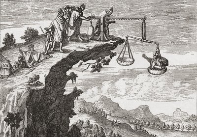 En usædvanlig metode til at afpresse tilståelser fra kriminelle, efter en tegning fra det 16. århundrede af Theodorus de Bry. Scenen viser forbryderen sidde i uretfærdighedens vægt, mens en præst læner sig over afgrunden klar til at modtage sin tilståelse. af English School