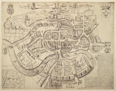 Gammelt bykort over Bristol og dets forstæder, trykt, farvelagt og solgt af Robert Walton af English School