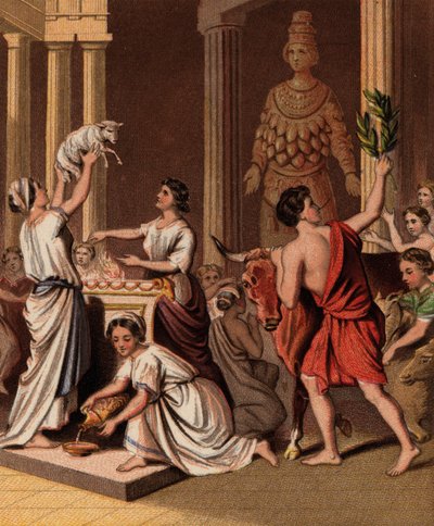 Gamle grækere med deres dyr ved et tempel (chromolitho) af English School