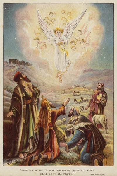 Engel fortæller hyrderne om Jesu Kristi fødsel (chromolitho) af English School