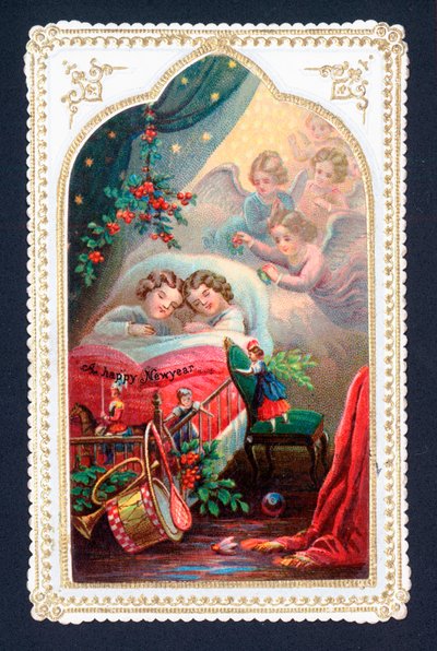 Engle, der våger over børn i sengen, julekort af English School