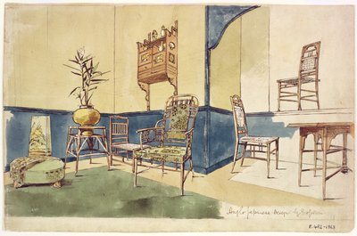 Anglo japansk stil møbeldesign af Edward William Godwin (1833-86) c.1860 (wc på papir) af English School