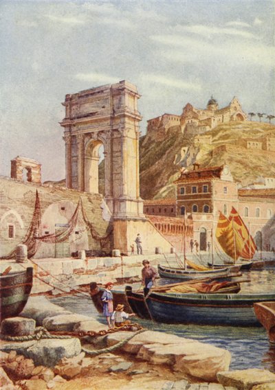 Trajans bue og havnen i Ancona, Italien (farve litho) af English School