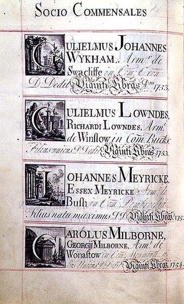 Arkiv 3693 f.94v Side med fire velgørere fra New College, Oxford; Gulielmus Johannes Wykham, Gulielmus Lowndes, Johannes Meeyricke og Carolus Milborne af English School