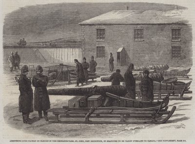 Armstrong Guns pakket på slæder i Ordnance-Yard, St John, New Brunswick, klar til at blive taget over land til Canada (gravering) af English School