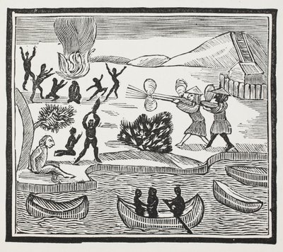 Ankomst af Savages med Christian Prisoner, illustration fra Chap-books of the Eighteenth Century af John Ashton, pub. 1882 af English School