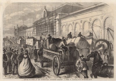 Ankomst af varer til den internationale udstillingsbygning; en scene i Cromwell Road af English School