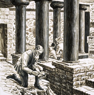 Arthur Evans udforsker resterne af det gamle minoiske palads ved Knossos af English School