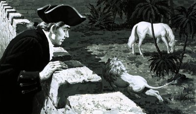 Kunstneren George Stubbs så, mens en løve stjal mod en Barbary-hest (gouache på papir) af English School
