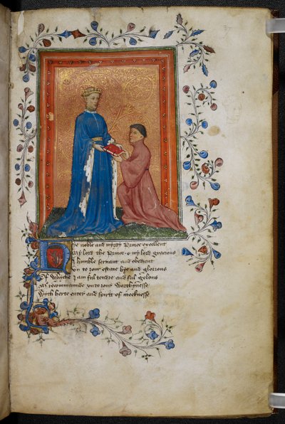 Arundel 38 f.37 Thomas Hoccleve præsenterer sin bog `Regement of Princes