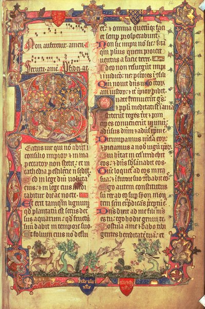 Arundel 83 f.14 Hjorte og fugle, fra Arundel Psalter, c.1310 (vellum) af English School