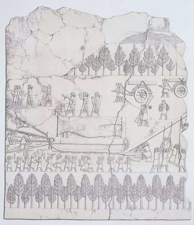 Assyrere flytter en vinget tyr på en slæde fra Nineve og dens rester af Austen Henry Layard (1817-94) udgivet 1849 af English School