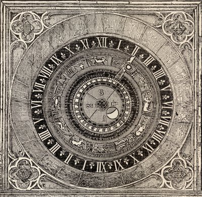 Astronomisk ur i Hampton Court Palace, fra History of Hampton Court Palace i Tudor Times af Ernest Law, udgivet London 1885 af English School