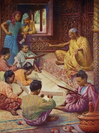 På skolen i Burma (farve litho) af English School