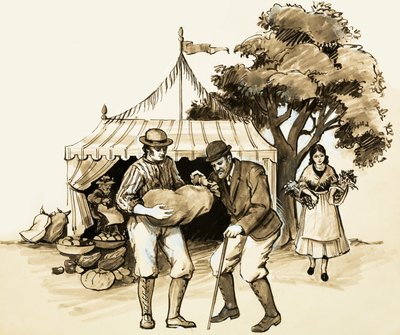 Auf einem Jahrmarkt prüft ein weiser Bauer seine Einkäufe von English School