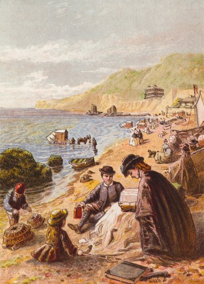 På stranden (farvelitografi) af English School