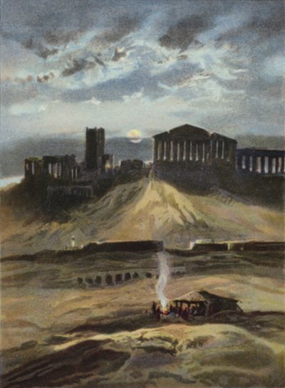 Athen i måneskin (farve litografi) af English School
