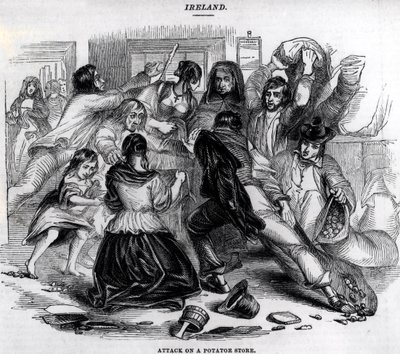 Angreb på en kartoffelbutik i Irland, ca. 1845 af English School