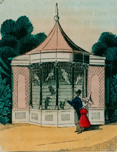 Voliere til papegøjer og kakaduer i Londons zoologiske have. 1840
