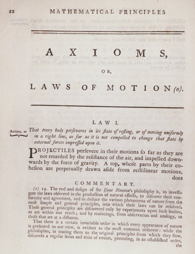 Aksiomer eller bevægelseslove fra bind I af Naturfilosofiens matematiske principper af Sir Isaac Newton (1642-1727) 1777 af English School