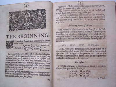 BT3.206.24 Sider fra Grundarbejdet, eller grundlaget lagt, (eller således beregnet) til udformningen af et nyt perfekt sprog: og en universel eller almindelig skrift af Francis Lodowyck, udgivet i London, 1652 af English School