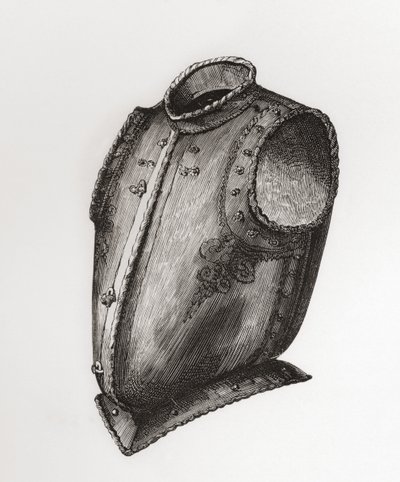 Ryg og brystplade, åbner foran, kendt som Waistcoat Breastplate, ca. 1580, fra The British Army: Its Origins, Progress and Equipment, udgivet 1868. af English School