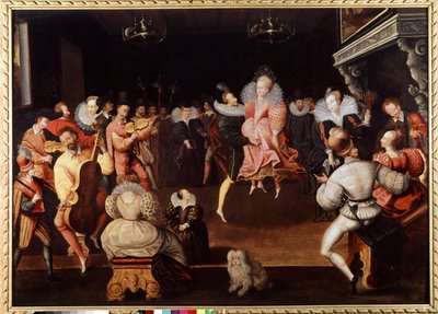 Bal ved Englands domstol Musikere og dansere. Maleri af den engelske skole i det 16. århundrede. London, nationalt portrætgalleri. af English School