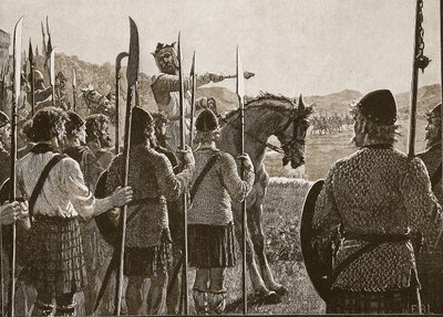 Bannockburn: Bruce gennemgår sine tropper før kamp, illustration fra Cassells Illustrated History of England (sepiafoto) af English School