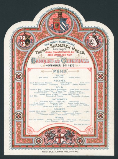 Banket i Guildhall, 9. november 1877, menu af English School