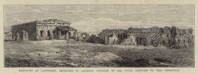 Kaserne ved Cawnpore, forsvaret af general Wheeler i 1857, indtil den blev reduceret til denne tilstand (gravering) af English School