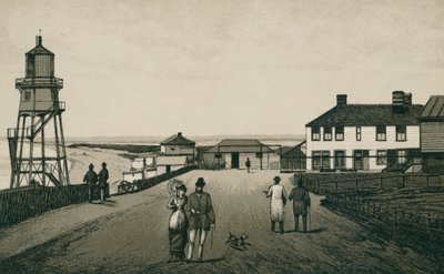Badehus og sandstrand, Dovercourt (litografi) af English School