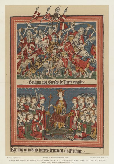 Schlacht und Gerichtshof während Heinrichs VII. Marsch auf Rom (Farblithografie) von English School