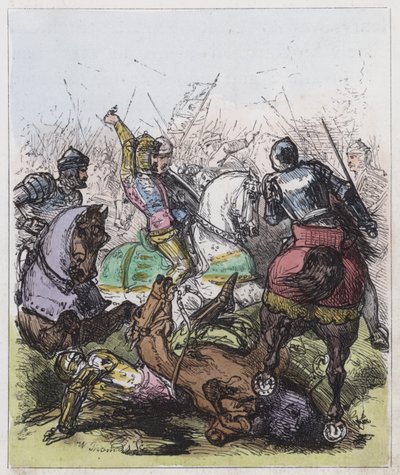 Slaget ved Agincourt (farvet gravering) af English School