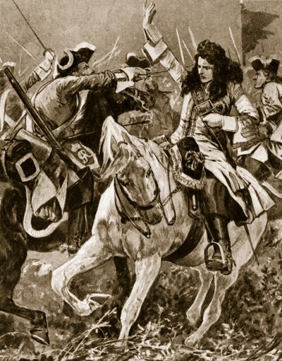 Slaget ved Malplaquet, 11. september 1709: Chevalier St. George såret under den spanske arvefølgekrig; af English School