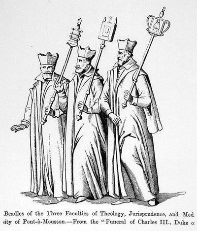 Beadles fra de tre fakulteter for teologi, retspraksis og medicin, fra begravelsen af Charles III (1543-1608) hertugen af Lorraine, illustration fra videnskab og litteratur i middelalderen og th af English School