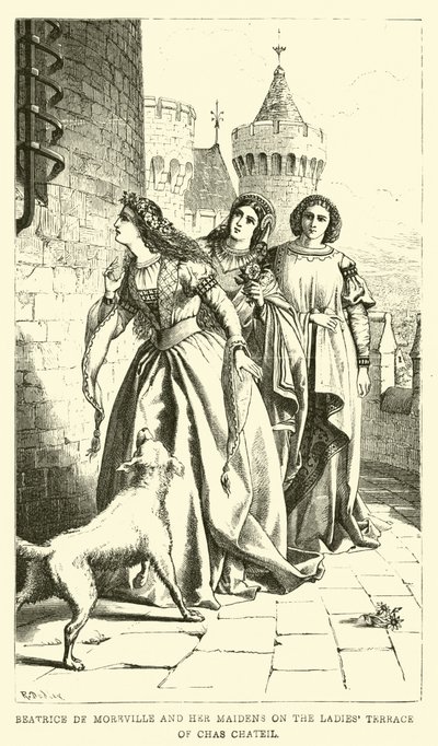 Beatrice de Moreville og hendes jomfruer på Ladies Terrace af Chas Chateil af English School
