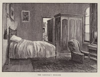 Soveværelse af Henry Edward Manning, engelsk katolsk kardinal og ærkebiskop af Westminster (litho) af English School