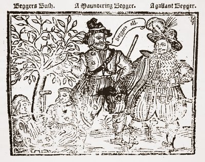 Beggars All: Beggars Bush, a Wandering Beggar and a Gallant Beggar, titelblad til The Praise, Antiquity and Commodity of Beggary, Beggars and Begging af English School