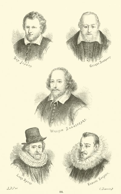 Ben Jonson, George Buchanan, William Shakespeare, Lord Bacon, Edmund Spenser af English School