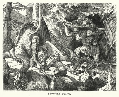 Beowulf døende (gravering) af English School