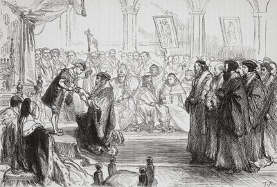 Beza præsenterer den franske protestantiske kirkes bekendelse for kongen ved Colloquy of Poissy, illustration fra The History of Protestantism af James Aitken Wylie (1808-1890), pub. 1878 (eng af English School