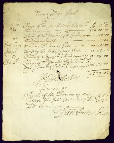 Bill fra Daniel Porter til New College, 1690 af English School